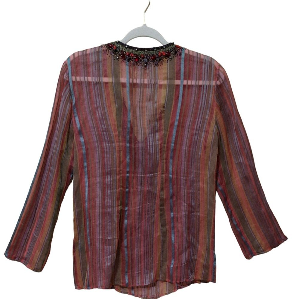 Lafayette 148 NY striped silk cotton blend heavily beaded yoke sheer blouse 8 - Picture 2 of 11